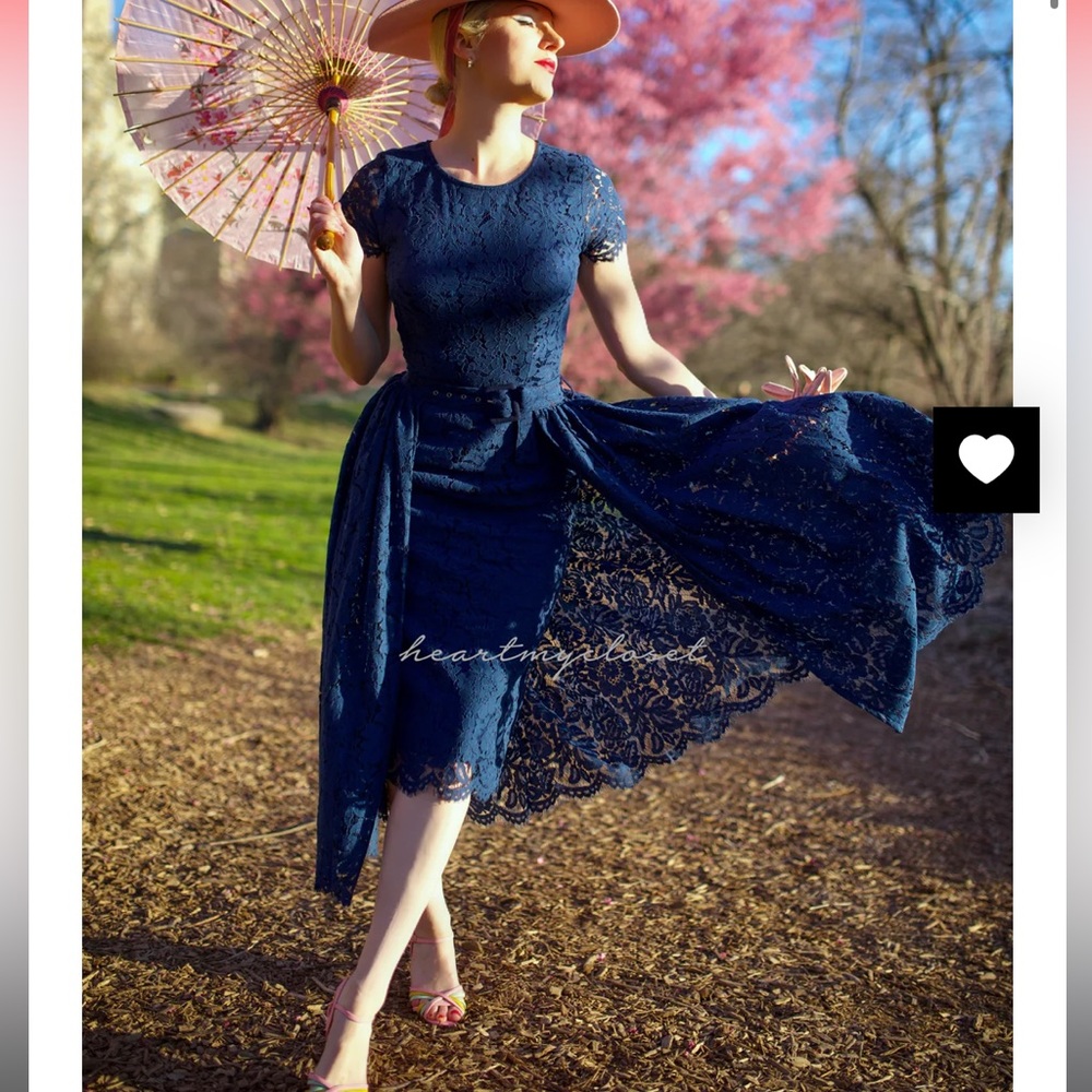 navy lace Aurora pencil dress with removable skirt wrap